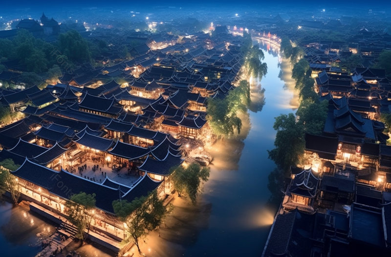航拍夜色下热闹小镇的远景图片,高清,摄影图,摄影图片,图片大全,摄影图免费下载
